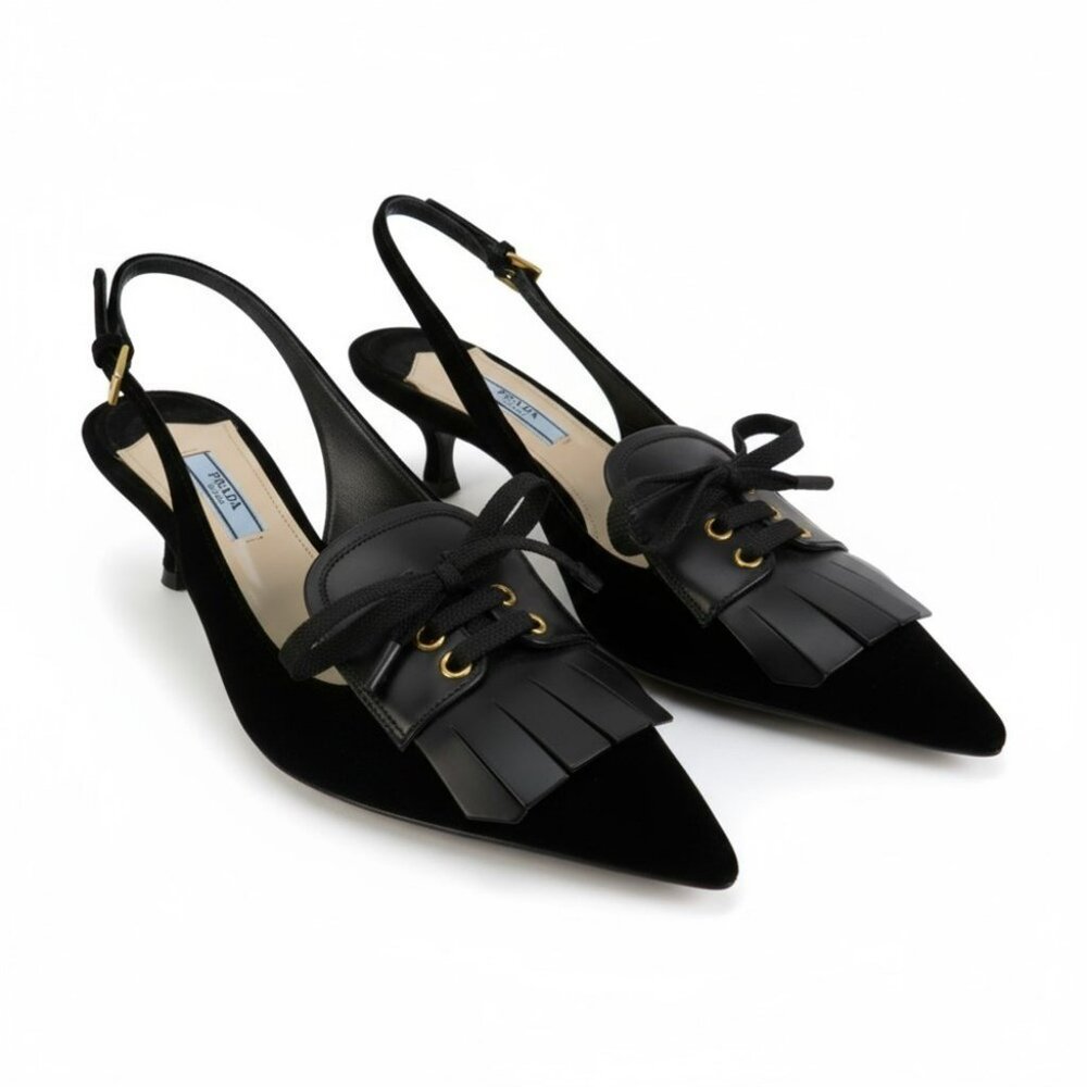 Prada Black Suede/Velvet/Leather Fringe Kitten Heel 1in shoe size 38 1/2